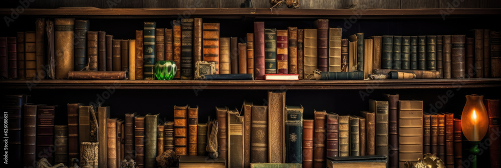 Wall mural old books on wooden bookshelves in a library. generative ai