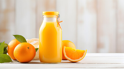 Fresh orange juice in a bottle on a rustic white wooden background. Generative AI