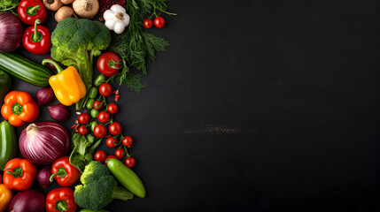 Fresh vegetables on a black chalkboard. Top view. Generative AI