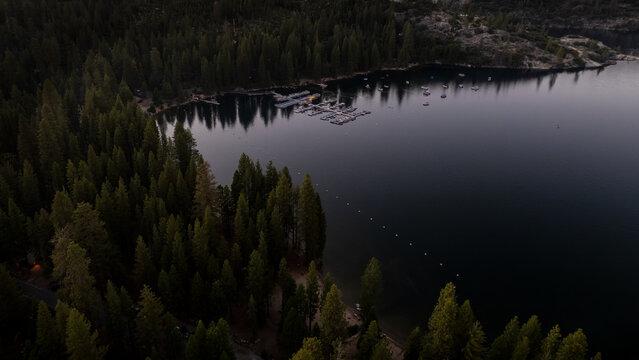 Pinecrest Lake Marina Aerial at Dusk