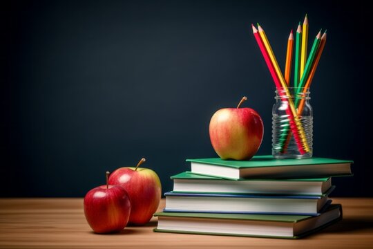 Apples and books. Back to school concept. Background with selective focus and copy space