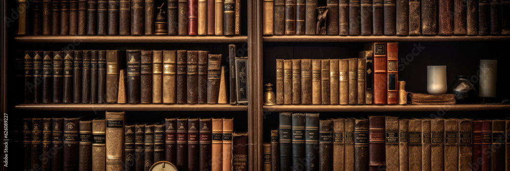 Wall mural Old books on wooden bookshelves in a library. Generative AI