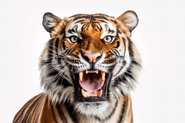 Portrait of an angry tiger growling while showing its teeth to the camera. Studio shot on a white background. Horizontal image