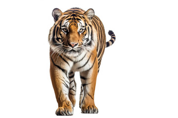 Fototapeta premium Full-body photograph of an adult tiger walking on a white background. Can be easily cut out on a white background