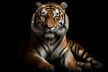 Very serene tiger lying down, resting and looking at the camera. Studio shot on a black background