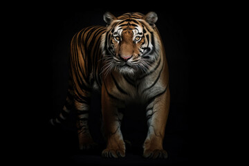 Fototapeta na wymiar Adult tiger walking on a black background. Studio photograph
