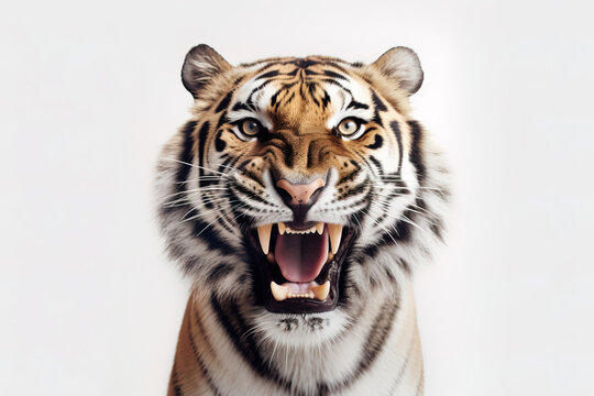  Close-up of an adult tiger growling, with its mouth open and showing its teeth in anger, on a white background. Studio photograph. Horizontal image