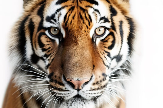 Close-up portrait of a beautiful, serene adult tiger looking directly at the camera on a white background. Studio photograph, with a white background that can be easily cut out