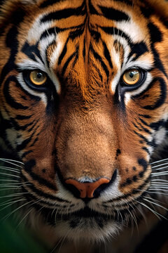 Vertical portrait of a tiger's face looking directly at the camera. Extreme close-up shot. Studio shot