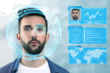 Facial recognition system. Man scanned by iris and personal data against world map