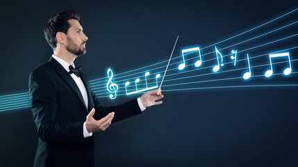 Conductor with baton and music notes on dark background, banner design
