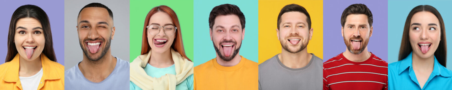 Collage with photos of people showing their tongues on different color backgrounds