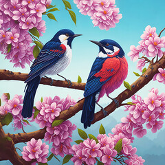 A painting of two cute birds seating on a branch with pink flowers, AI Generated.