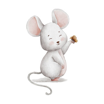 cute white mouse and butterfly watercolor illustration clipart