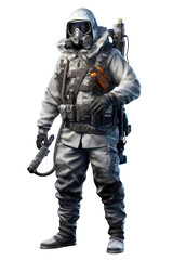Arctic explorer with thermal mask and gear full body . isolated object, transparent background