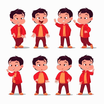 Playful boy kid in red, cartoon illustration.
