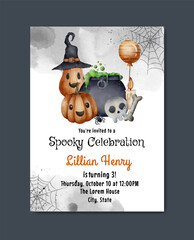Birthday invitation card with halloween theme watercolor template background