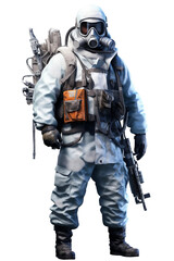 Arctic explorer with thermal mask and gear full body . isolated object, transparent background