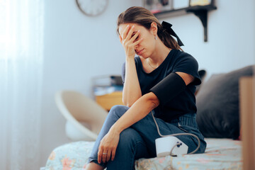 Woman Taking her Blood Pressure feeling nauseated and ill. Person using a sphygmomanometer at home...
