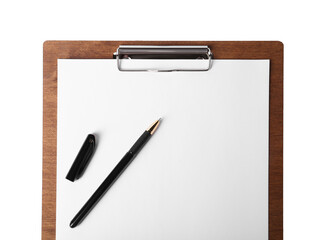 Wooden clipboard with sheet of paper and pen isolated on white, top view
