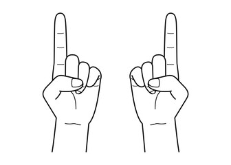 Vector line drawing illustration of two hands holding up index fingers - obrazy, fototapety, plakaty