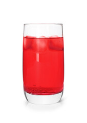 Glass of red soda water with ice cubes isolated on white