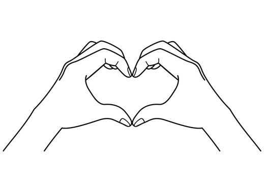 Vector line drawing illustration of two hands making a heart pose