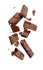 Broken chocolate bar pieces falling on white background