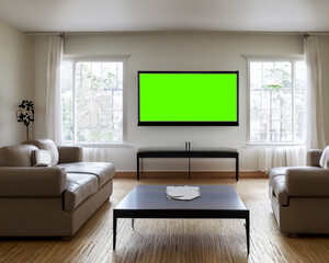 Obraz na płótnie Canvas A clean living room with a TV in the middle, screen chroma green.