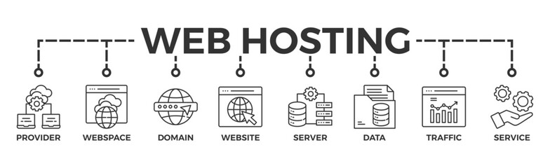 Web hosting banner web icon vector illustration concept with icon of provider, webspace, domain, website, server, data, traffic and service