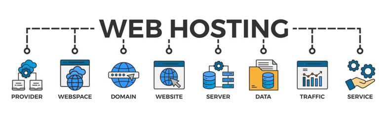 Web hosting banner web icon vector illustration concept with icon of provider, webspace, domain, website, server, data, traffic and service