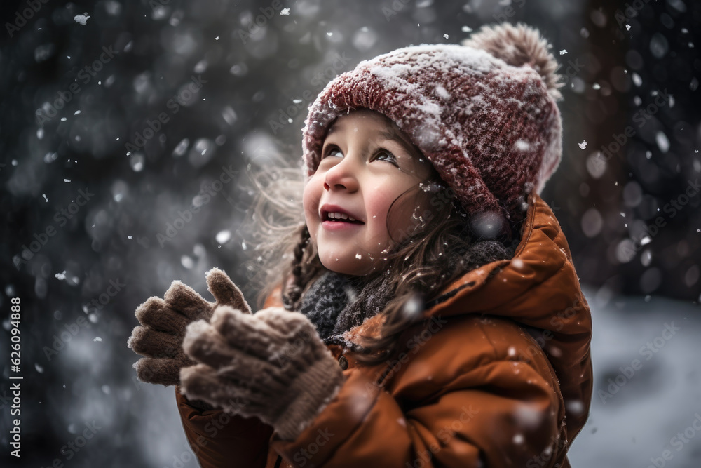 Wall mural Portrait of a happy young girl in winter during snowfall. Generative AI