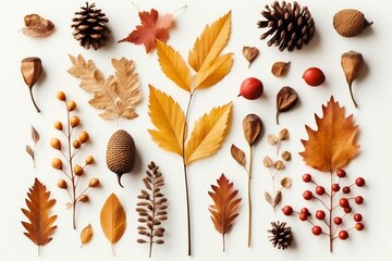 Autumn composition. Pattern made of dried leaves, flowers, berries on white background. Autumn, fall, thanksgiving day concept. created generative ai.