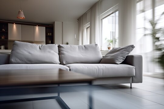 The photograph depicts a contemporary living room interior featuring a gray sofa, with an intentionally blurred effect. The shot has a partially focused background and a vacant area for adding text or