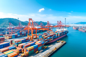Large busy container terminal and harbor with international trade, commerce, industry, logistics, and transport, mirroring global economic activities, view from above.