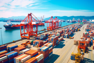 Large busy container terminal and harbor with international trade, commerce, industry, logistics, and transport, mirroring global economic activities, view from above. - obrazy, fototapety, plakaty