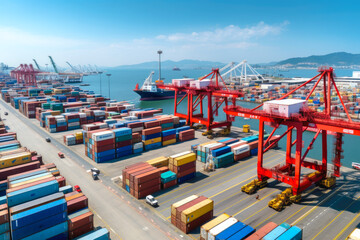 Large busy container terminal and harbor with international trade, commerce, industry, logistics, and transport, mirroring global economic activities, view from above.