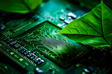 Green leaf on computer circuit board, eco-friendly technology, sustainable computing, environment conservation
