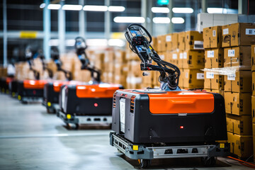 Modern high tech innovative warehouse logistics displayed through automation, robotics and artificial intelligence, defining the future of industry.