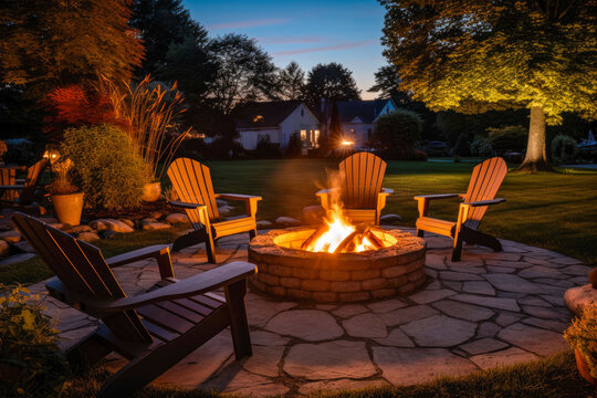 Outdoor Fire Pit In The Backyard, With Lawn Chairs Seating On A Late Summer Or Autumn Night