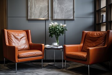 There are two simple leather armchairs placed next to a coffee table in a sophisticated office or a well-designed apartment. In a business center's meeting room, there is an open book, agenda, or