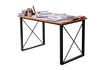 Wooden office desk table with laptop computer