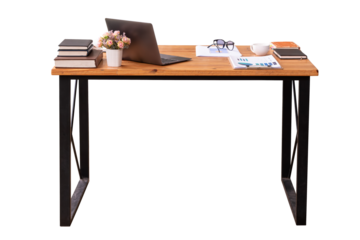 Wooden office desk table with laptop computer