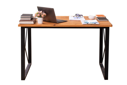 Wooden office desk table with laptop computer
