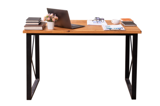 Wooden office desk table with laptop computer