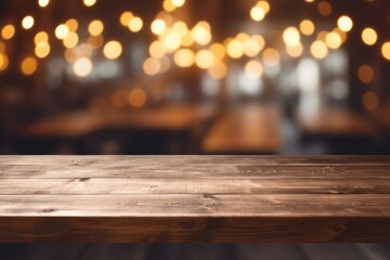 This image showcases a vacant brown wooden table as the main focus, placed in a Coffee shop with a blurry bokeh background. It is intended to be used for creating a montage to display products.