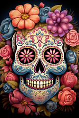 Fototapeta premium Illustration of a skull or human cranium with colorful flower decorations on a black background
