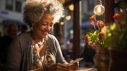 An African American woman at a cafe using a smart phone. Generative AI. 