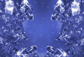 Frame from ice crystals. New Year blue purple background. Frosted glass texture. Galaxy futuristic...