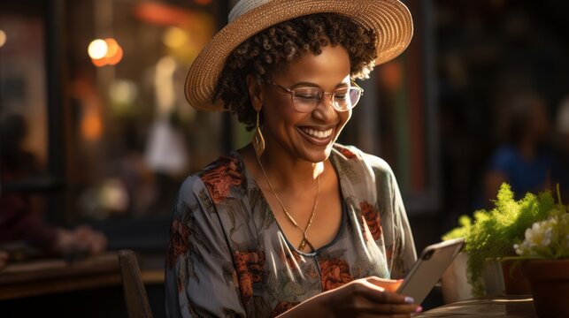 An African American woman at a cafe using a smart phone. Generative AI.